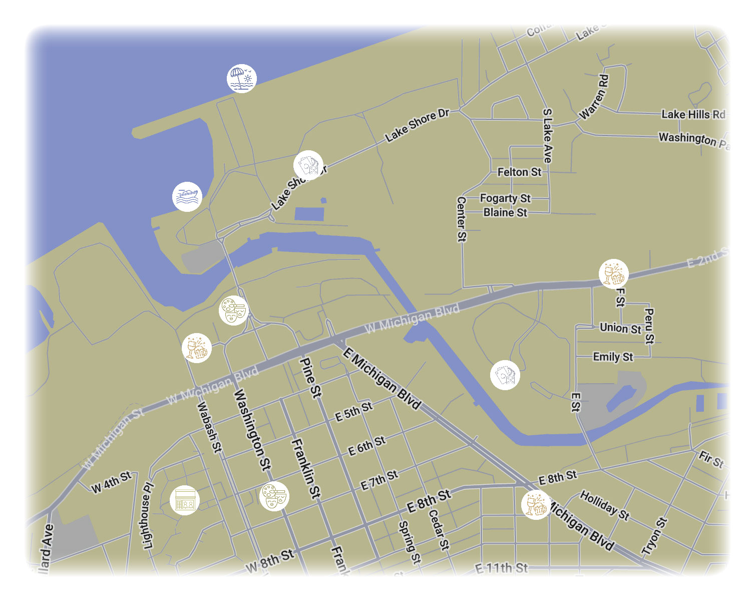 Michigan City map with beaches, marinas, dining, shopping, and entertainment marked