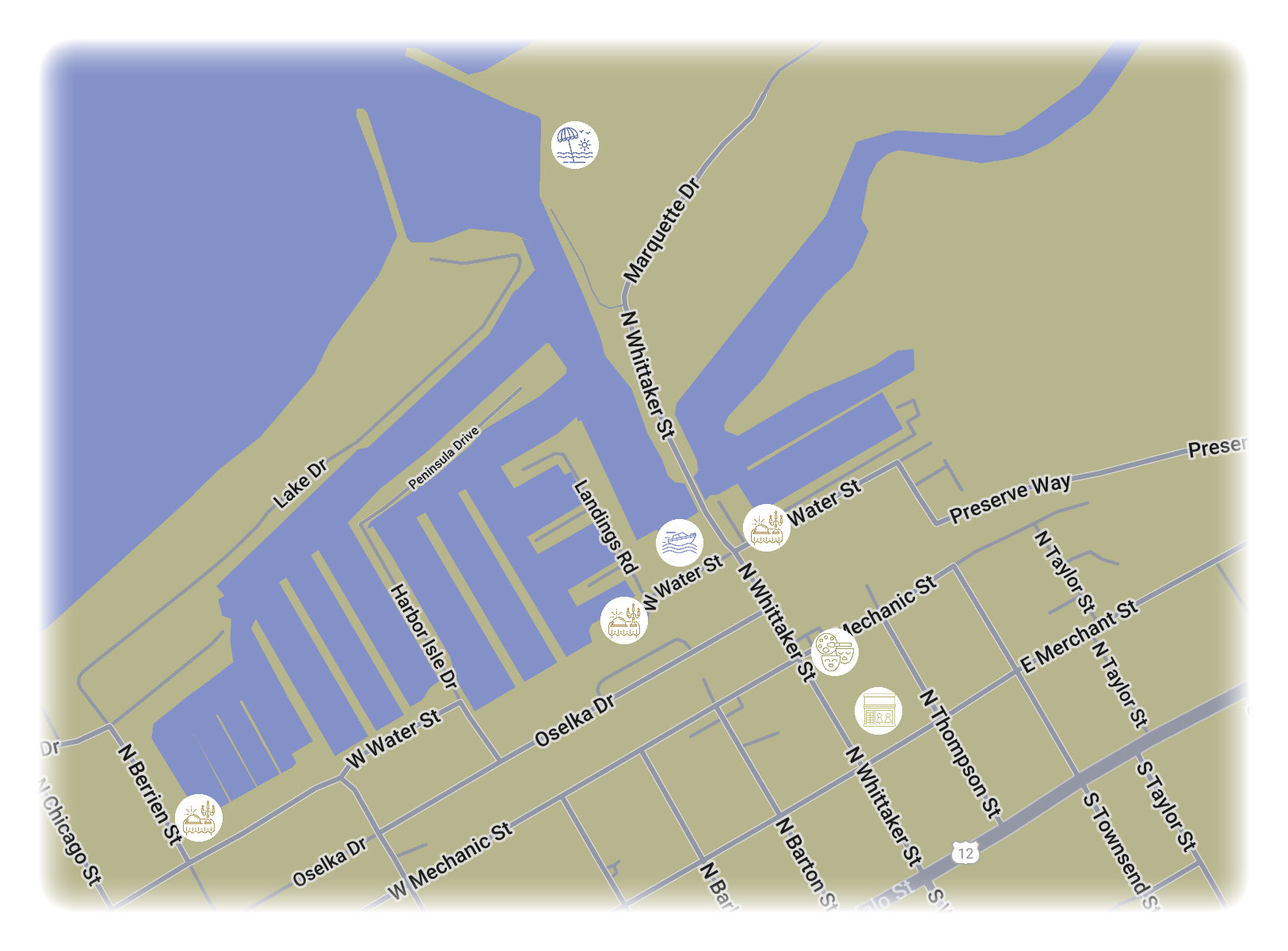 New Buffalo map with beaches, marinas, dining, shopping, and entertainment marked
